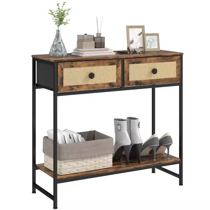 HOMCOM Mesa Consola Mueble para Recibidor con Estante Abierto y 2 Cajones Frontales de Ratán Consola para Recibidor Entrada Pasillo 80x30x75 cm Marrón Rústico - 1