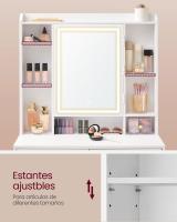 Tocador moderno con luces led ajustables, mesa de maquillaje con espejo, color blanco, compartimentos abiertos y estantes ajustables - details 5