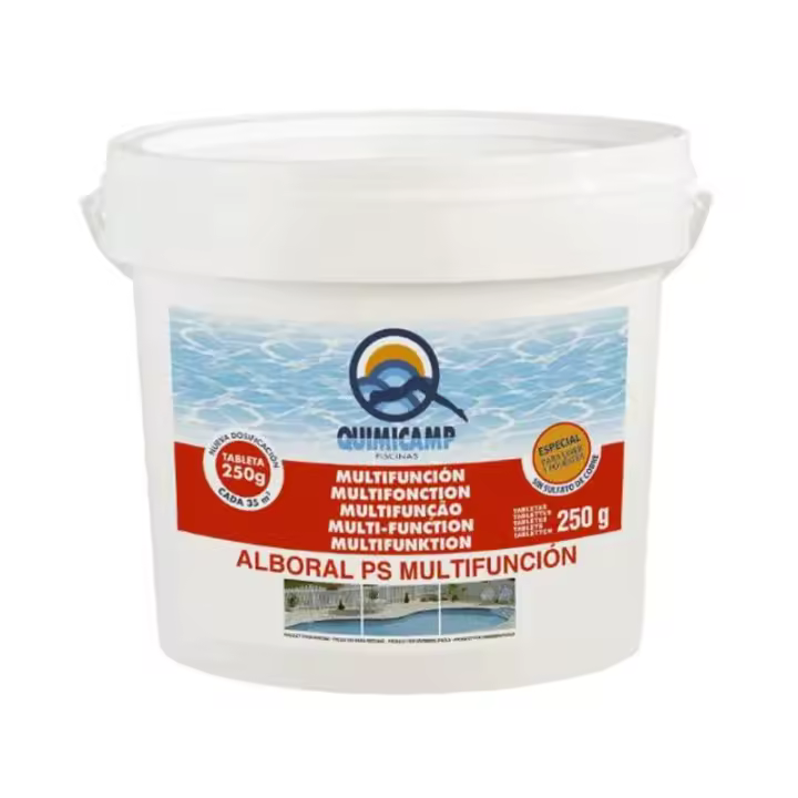 Cloro Multifunción Especial para piscinas de Liner en tabletas de 250 gr QUIMICAMP. Envase de 5 Kg. No contiene sulfato de cobre y actúa como alguicida, bactericida, fungicida, estabilizante y destructor de materia orgánica. Referencia 202605 - 1