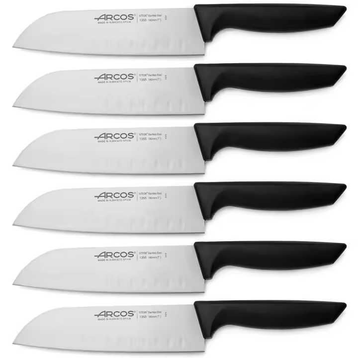 ARCOS Niza - Cuchillo Santoku Alveolado (180 mm) - Hoja de Acero Inoxidable Nitrum® - Mango Negro de Polipropileno (PP) - 135500 - PACK 6 - 1