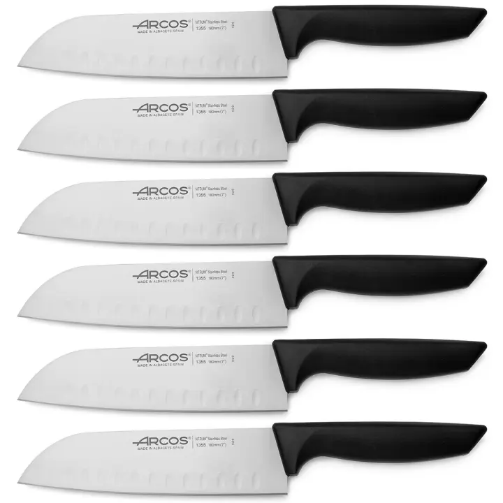 ARCOS Niza - Cuchillo Santoku Alveolado (180 mm) - Hoja de Acero Inoxidable Nitrum® - Mango Negro de Polipropileno (PP) - 135500 - PACK 6 - 1