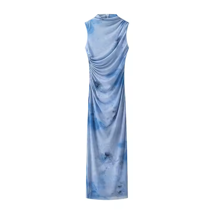 Vestidos Largos de Malla Estampada Mujer 2025 Nueva Moda Vestido Ajustado Drapeado Verano Sin Mangas Elegante Fiesta Vestido - 1