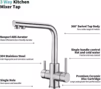 BIT 3 Way Kitchen Faucet, 360 Rotatable Kitchen Faucet, 3 In 1 Water Filter Mixer, Stainless Steel Sink Faucet, Drinking Water Faucet With 2 Lev - details 4