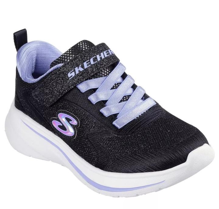 Skechers wave 92 black girl's sneakers in black with glitter and mauve with adhesive strap closure and elastic skechers sneakers, machine washable, very comfortable and with easy on off system