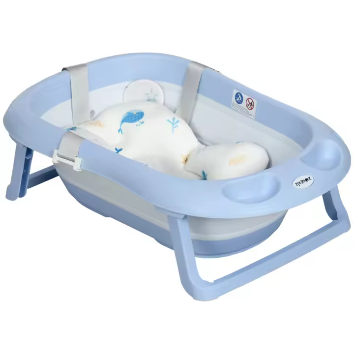 ZONEKIZ Juego de Bañera para Bebé Recién Nacido hasta 6 Años Plegable 40L con Cojín Almohadillas Antideslizantes Orificio de Drenaje y Agujero de Ducha 83x48x23,5 cm Azul - 1