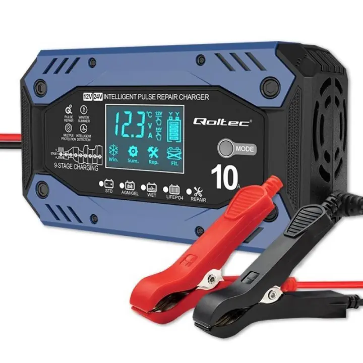 Qoltec 52482 Cargador inteligente para STD AGM GEL LiFePO4 | Cargador de baterías con función de reparación |12-24V |10A | LCD | - 1