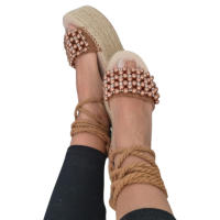 Sandalia Mujer Plataforma Planas Camel Negros Esparto Cordones Tobillo Joven Verano 2024 - details 3