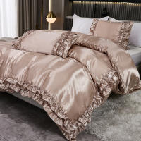 Set De Edredón Satinado 3PCS Colores Blanco Khaki Y Rosa Seda Suave Con Volantes Estilo Moderno Para Cama Conjunto De Ropa De Cama - details 34