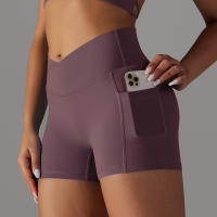 Shorts De Yoga Para Mujer Con Cintura Alta Y Bolsillos Diseño Cruzado Transpirables Y Secado Rápido Para Gimnasio Running Ejercicio - details 2