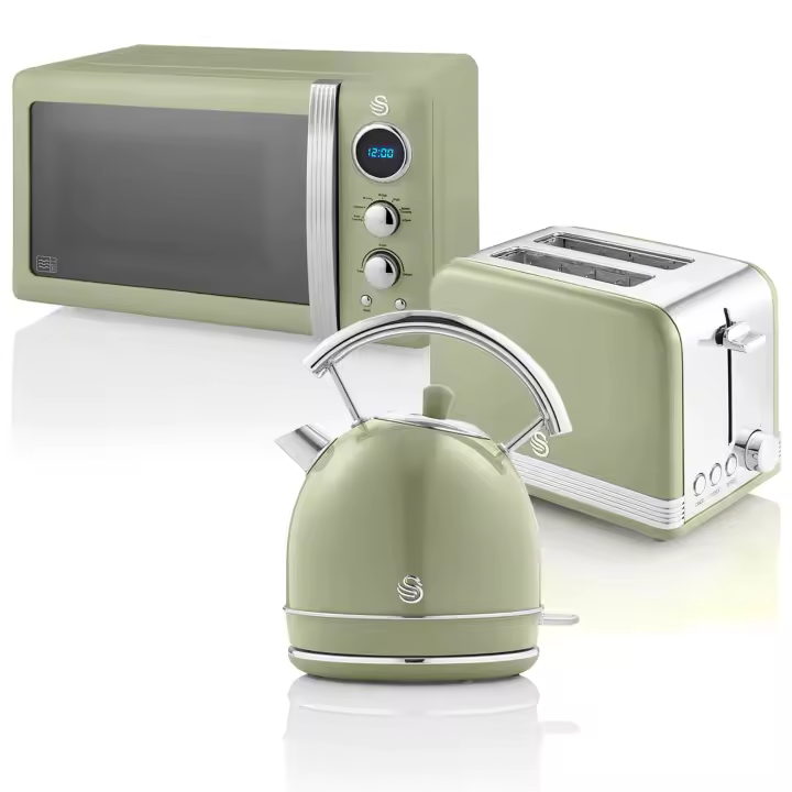 SWAN STRP2070GNEU Retro Set Desayuno Hervidor Agua 1,8L, Tostadora 2 Rebanadas, Microondas Digital 20L, Vintage, 850W, Verde - 1