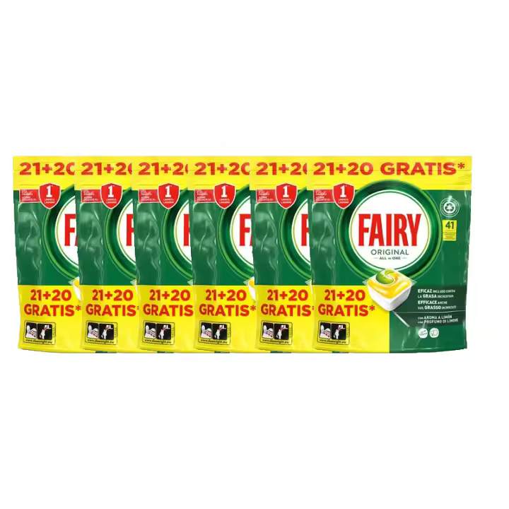 Fairy Original Todo En Uno - Pack de 6 Bolsas de 41 Cápsulas para Lavavajillas (246 Cápsulas) - Elimina Grasa y Resequedad, Detergente con Aroma Limpio y Fresco - 1