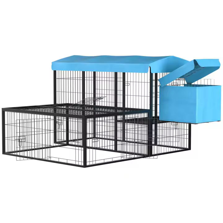 PawHut Gallinero para Exterior de Acero Jaula para 6-10 Gallinas con Toldo Corral de Alambre Independiente Nido Múltiples Puertas y Plataforma 200x165,5x103 cm Negro y Azul - 1