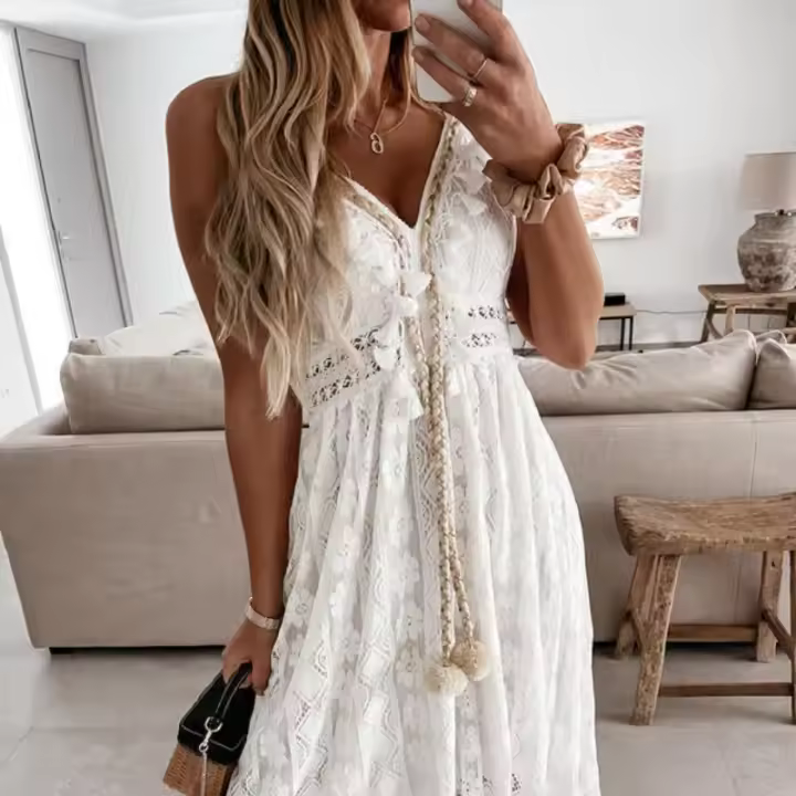 Vestido Bohemio Elegante De Mujer Con Encaje Y Diseño De Hombros Delgados Vestido De Verano Con Broche De Flor A-Line Midi Pullover Sin Mangas V-Neck - 1
