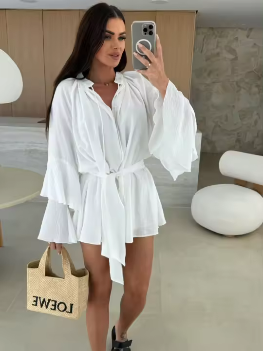 Vestido De Mujer Con Cuello V Y Volantes De Manga Larga Cierre Con Lazo Irregular Y Estilo Oficina Lady Longitud Mini - 1