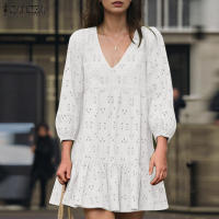 ZANZEA Vestido Mini De Verano Para Mujer Estilo Casual Con Encaje Bordado Hueco Y Manga Puff Vuelta En El Cuello Vestidos Puff Sleeve A-Line - details 2
