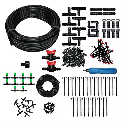 DRIPALIA - Kit de riego por goteo con 50 mt de tubería de 16, 15 mt microtubo, 80 + 15  goteros, 82 accesorios y 1 sacabocados de montaje - 1