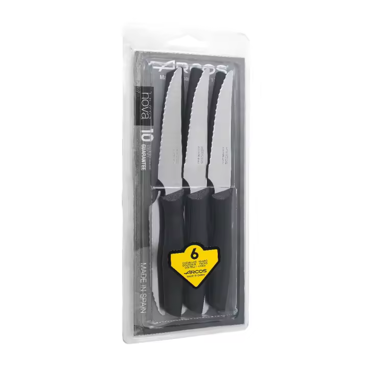 Arcos Serie Nova - Set 6 pzas. Cuchillo Chuletero - Hoja de Acero Inoxidable de 110 mm - Mango de Polipropileno Color negro - 1