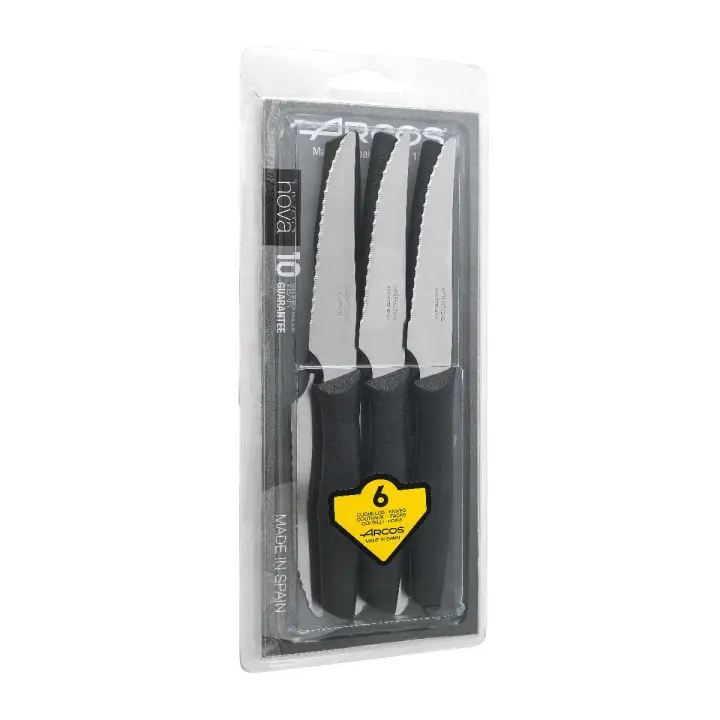 Arcos Serie Nova - Set 6 pzas. Cuchillo Chuletero - Hoja de Acero Inoxidable de 110 mm - Mango de Polipropileno Color negro - 1