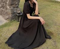 Vestido Midi Oscuro Vintage HOUZHOU Para Mujer Elegante Con Cuello Cuadrado Manga Flotante Sobredimensionado Casual De Verano - details 9