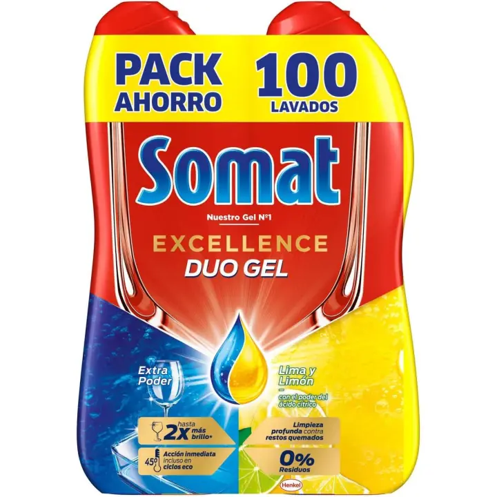 Somat Excellence Gel Lima y Limón (100 lavados), lavavajillas líquido automático en botella, detergente desengrasante, elimina la suciedad incrustada - 1