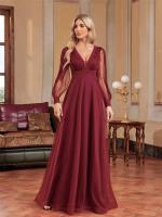 Vestido De Noche Elegante De Tulle Con Cuello En V Manga Larga Para Mujer Floor-Length Fiesta Cocktail Graduación Prom Chiffon - details 1