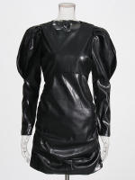 Vestido De Cuero Para Mujer Cuello Redondo Manga Escocesa Cintura Alta Mini Zipper Temperamento Vestido Moda Otoño Para Mujeres - details 2