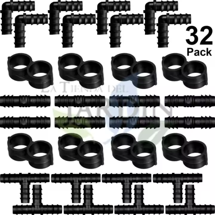 Pack 32 Piezas Riego por Goteo 16mm: 8 Tes, 8 Codos, 8 Enlaces y 8 Estranguladores - Suinga - 1