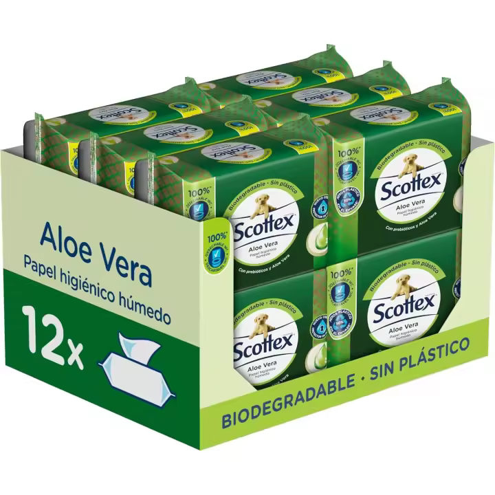Scottex Papel Higiénico Húmedo con Aloe Vera Caja 12 Packs de 66 Servicios, Total 792 Toallitas Húmedas Desechables por WC - 1