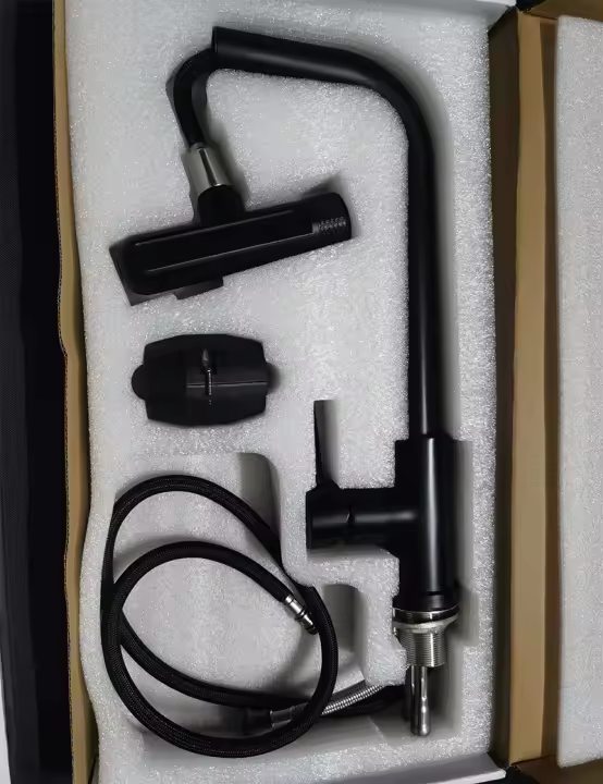 Grifo De Cocina Retráctil En Gris Y Negro Con 6 Modos Y Cabezal De Rociador Acero Inoxidable Mate Manillar Sencillo Montaje En Plato - 1