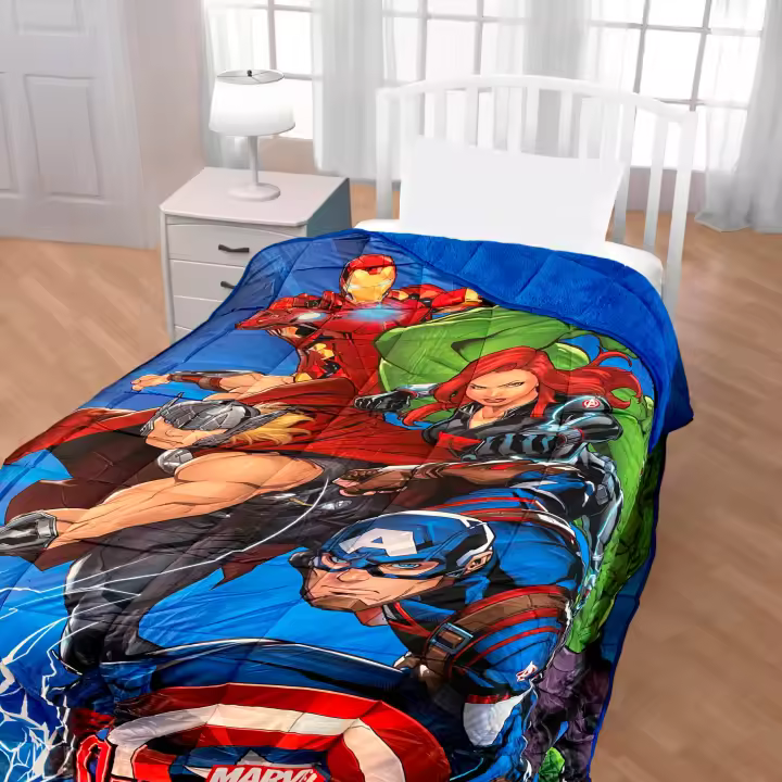 Avengers - Edredón Marvel Avengers con Borrego y Sedalina Aterciopelada Invierno Licencia Oficial Marvel 180 x 260 cm (90 - 105 cm) Tacto Suave Cálido Azul Disney Hulk Iron Man Thor Capitán America viuda Negra - 1