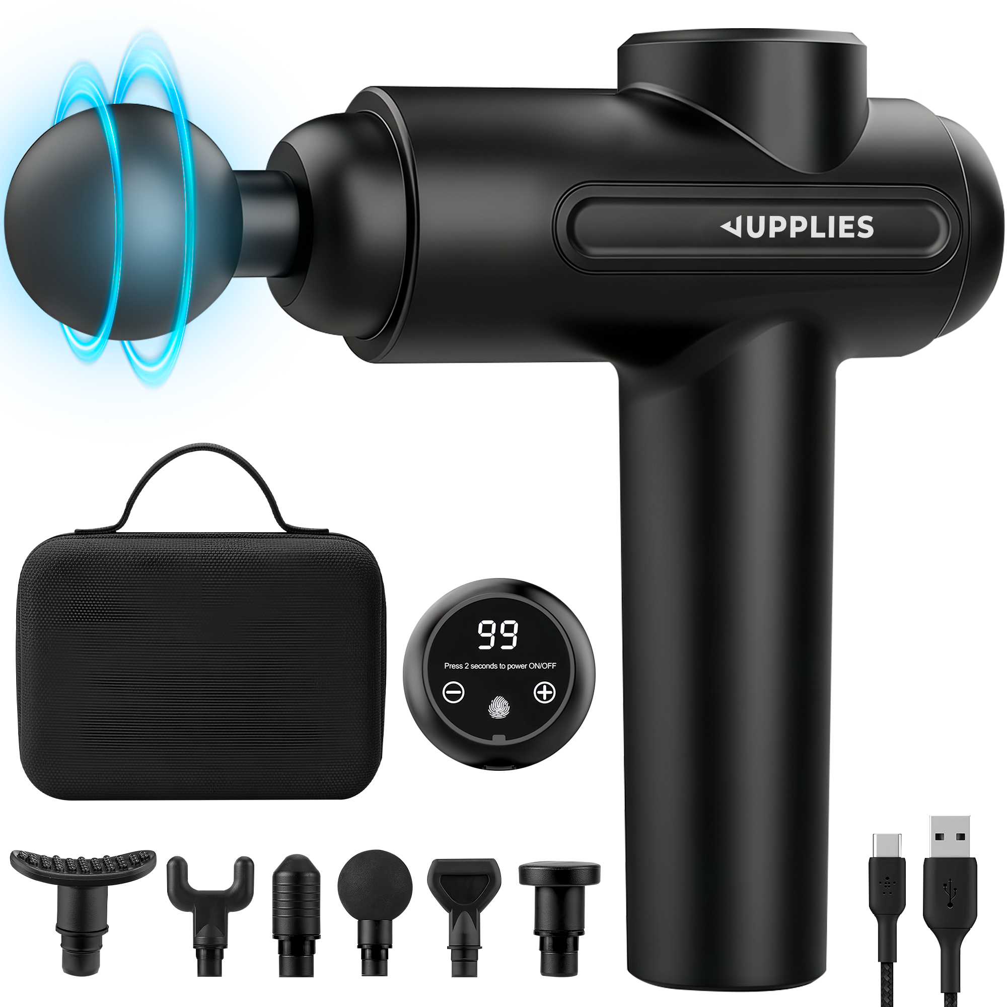 RELAXTY Masajeador Muscular Profesional – Pistola de 30 Niveles, 6 Cabezales Intercambiables, Silenciosa, Batería de 5H, Pantalla LCD Táctil, Estuche Incluido y Carga USB-C | Opción con bandas elásticas incluidas