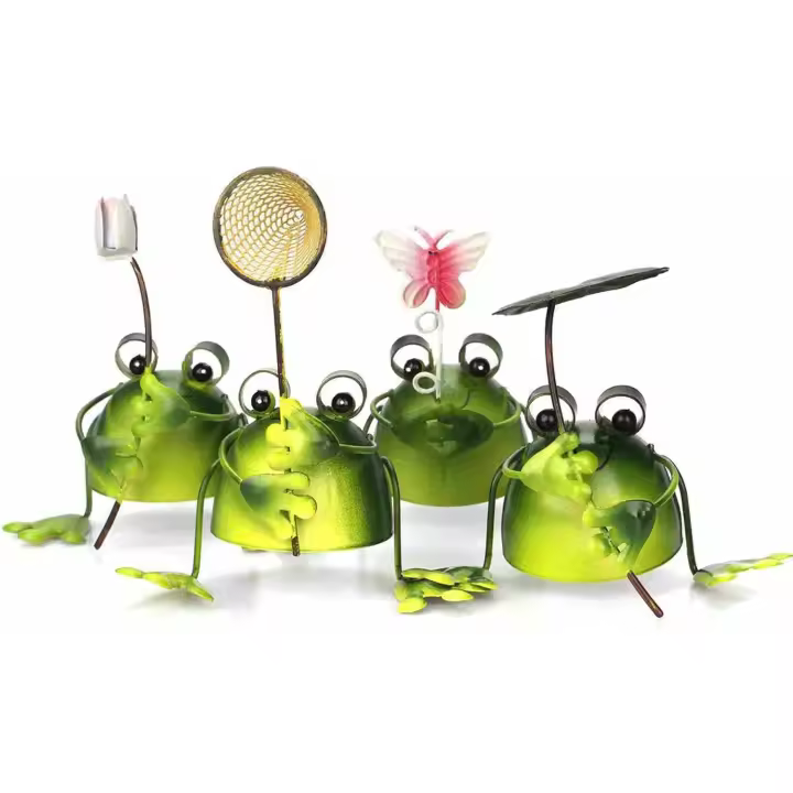 Decoración de jardín de metal con forma de rana, juego de 4 lindas ranas para exteriores, arte de metal para exteriores y jardín, adornos navideños para patio, decoraciones de jardín, regalos de jardín para mamá - 1