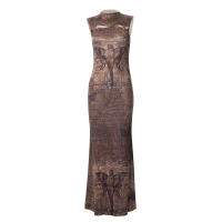 Vestido Largo De Manga Sin Mangas Para Mujer Estilo Casual Con Estampado Redondo European Y American Hot Verano 2024 Slim Fit - details 3