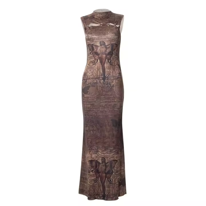 Vestido Largo De Manga Sin Mangas Para Mujer Estilo Casual Con Estampado Redondo European Y American Hot Verano 2024 Slim Fit - 1