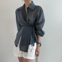 Camisa Casual Para Mujer Suelta Con Cinturón Y Cuello En V Vintage De Manga Larga Transpirable Para Oficina Y Uso Diario - details 7