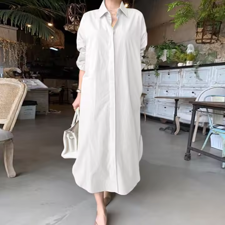 Vestido De Mujer Verano 2024 Estilo Casual Color Sólido Cuello Volteado Botones Solas Talla Grande Longitud Pierna Completa Polyester - 1