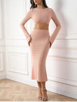 Nuevo Asia Mujer Conjunto De Dos Piezas Rosa Ribbed Tejido Con Top De Manga Larga Y Falda Maxi Espalda Descubierta Estilo Elegante Para Fiesta Y Club - details 0