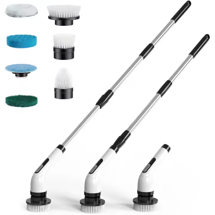 Cepillo De Limpieza Eléctrico: Limpieza Giratorio Eléctrico with 7 Cabezales De Cepillo De Repués-Fregadora Hogar - Baño Brush 2 Velocidades Ajustables Mango Extensión Ajustable Blanco - 1