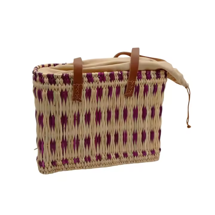 Capazo playa mujer - Bolso bandolera mujer asas de cuero - Capazo mimbre junco con forro y cierre interior - Bolsa de junco - 1