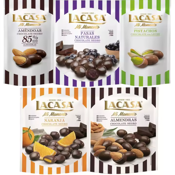 Lacasa Mi Momento pack de 5:Pistacho Chocolate Leche,Almendra 85% ,Pasas Chocolate Negro ,Almendra Chocolate Negro ,Naranja Chocolate Negro - 1