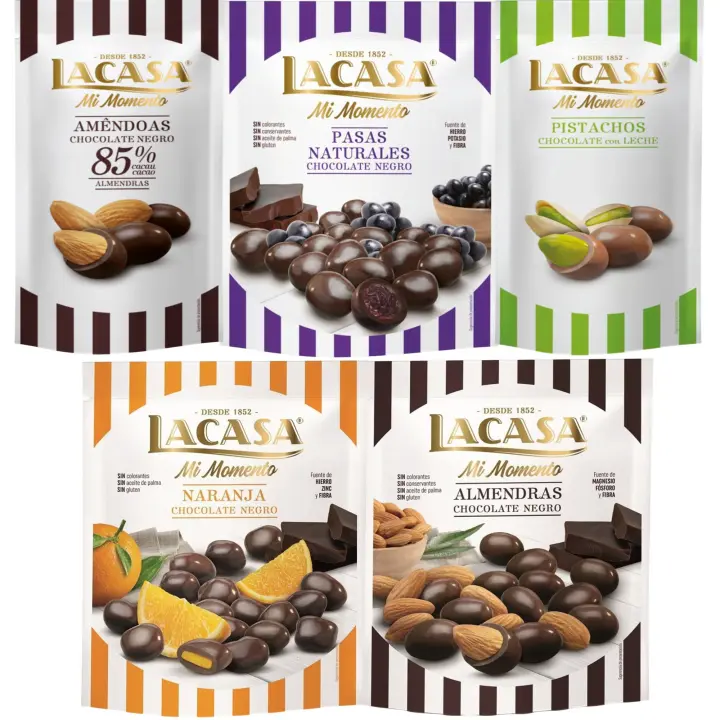 Lacasa Mi Momento pack de 5:Pistacho Chocolate Leche,Almendra 85% ,Pasas Chocolate Negro ,Almendra Chocolate Negro ,Naranja Chocolate Negro - 1