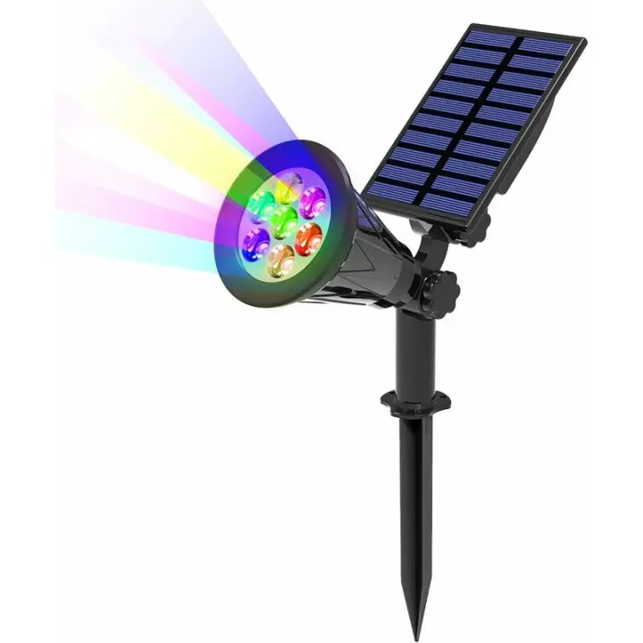 Luz solar de 7 LED, 2 paquetes de reflector solar con 7 colores cambiantes, lámpara de jardín IP65 impermeable inalámbrica para exteriores con foco solar ajustable de 180 ° para jardín, patio, exterior, camino - 1
