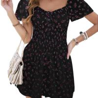 Vestidos Mini De Verano Para Mujer 2024 Estampado Floral Chiffon Estilo Playa Manga Puff Ajustado Cintura Natural Sin Capucha - details 5