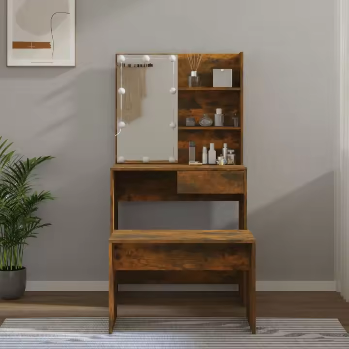 vidaXL Set de tocador con LED madera contrachapada en color Roble Sonoma/Marrón roble/Madera antigua y más - 1