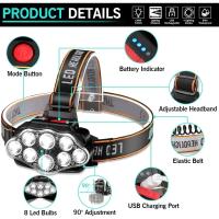 Linterna Frontal LED Potente Recargable 8LED Para Pesca Camping Caza Senderismo Lámpara De Corbata Impermeable Con Modos De Iluminación Variable - details 4