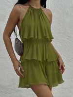Vestido Boho Elegante De Mujer Con Volantes Y Tirantes Mini Vestido Sin Mangas Halter Para Fiesta Verde Holgado Y Fluyente Para Fiestas De Navidad - details 5