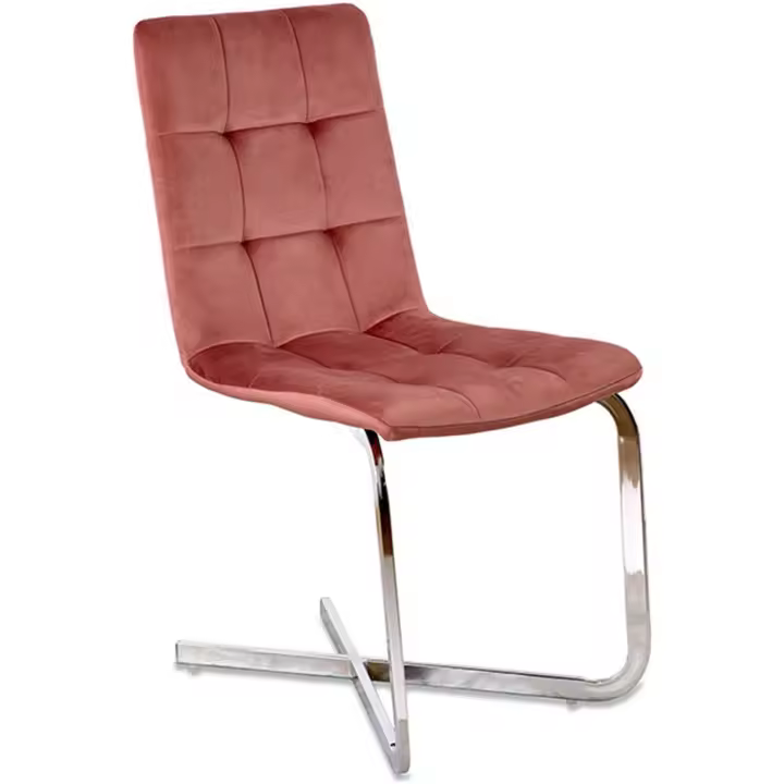 Silla Elegante de Comedor Rosa Terciopelo con Pie Cromado Plateado - 1