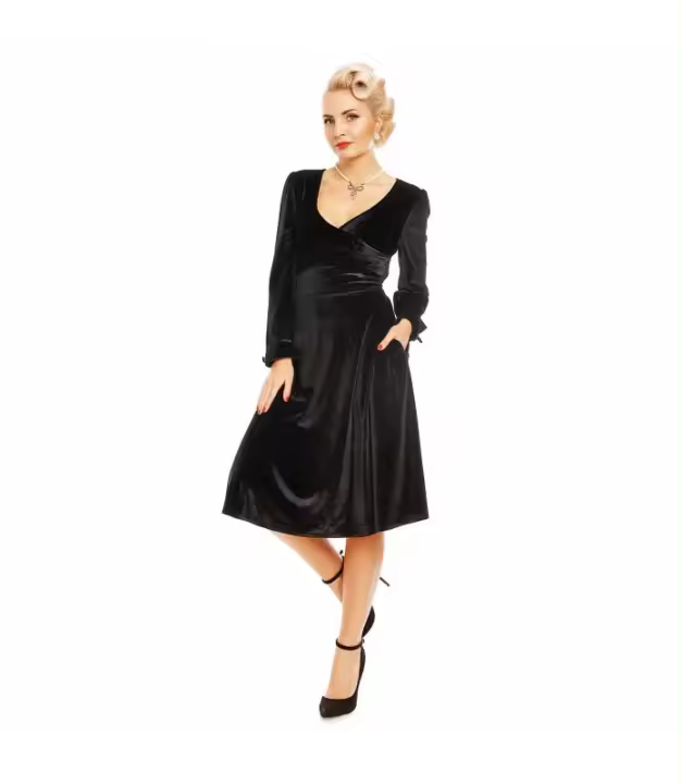 Vestido Katherine Terciopelo Negro Vuelo Manga Larga Dolly & Dotty V888-12 - 1