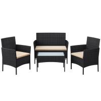 Conjunto de muebles de jardín en ratán, sofá 2 plazas, 2 sillones individuales y una mesa de centro con tapa de vidrio, muebles de patio de mimbre, elegante diseño en marrón y topo - details 7