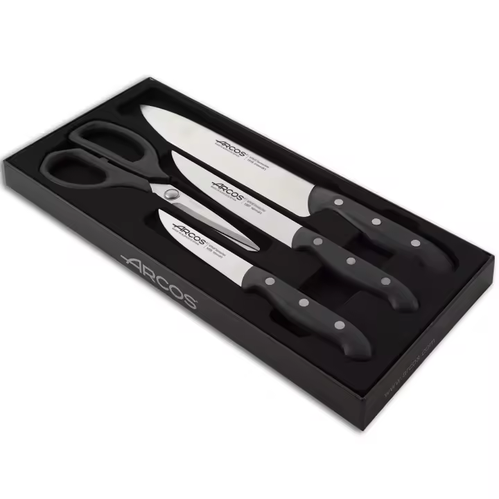 ARCOS Maitre - Set 3 Cuchillos de Cocina (100, 150 & 215 mm) + Tijeras (215 mm) - Hoja de Acero Inoxidable Nitrum® - Mango Negro de Polipropileno (PP) - Estuche Regalo - 1